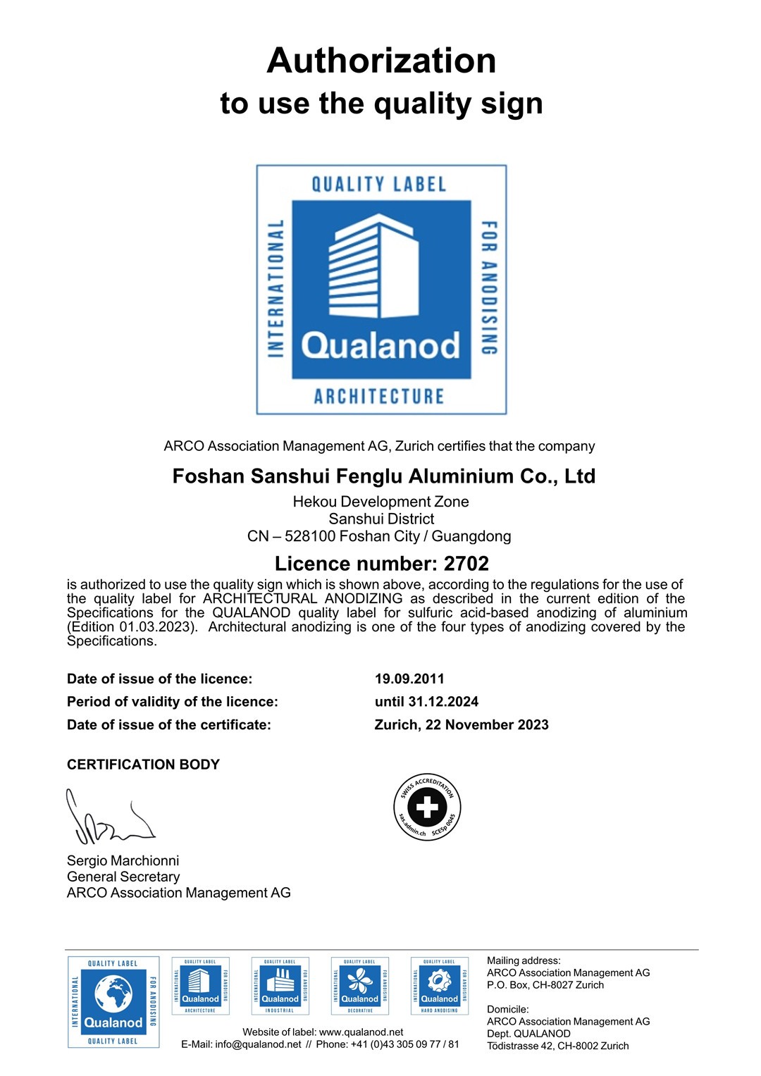 European Standard Qualanod Product Certification (Oxidation)